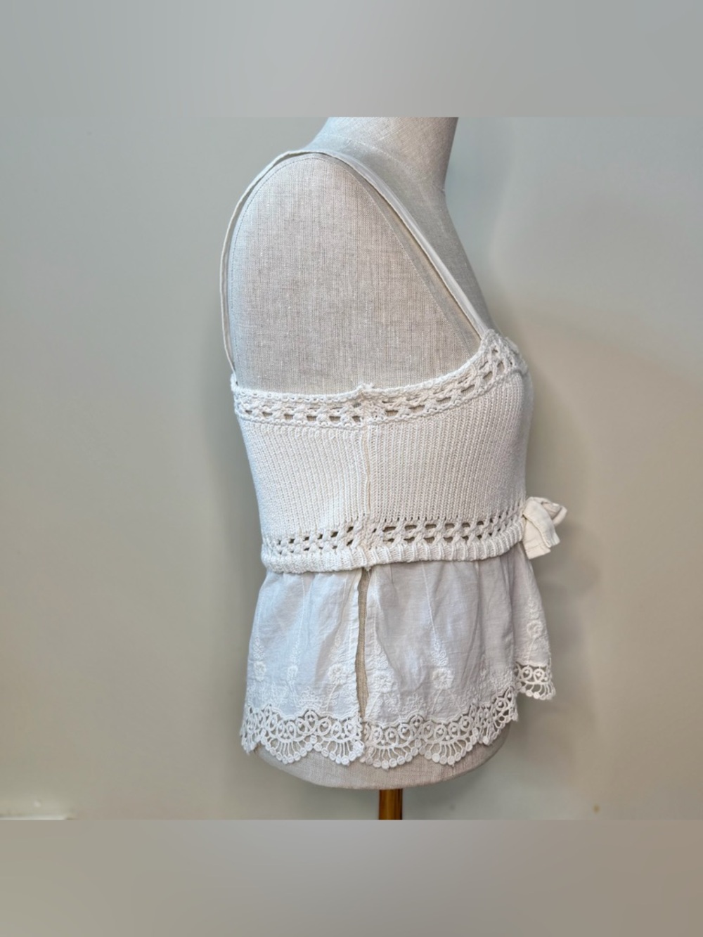 Zara Cream Crochet Ribbed Knit Lace-Trim Cami Tank S EUC Cottage Ballet Boho - Picture 4 of 11